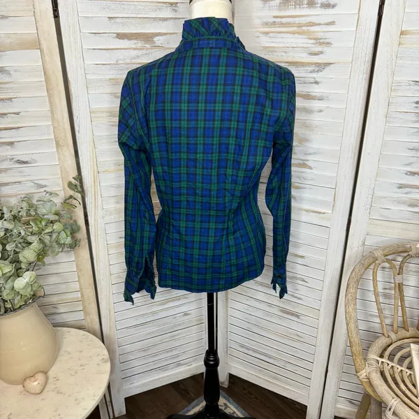 BROOKS BROTHERS Women's 8 Tartan Navy Plaid Long Sleeve Button Top Ruffle Neck - Image 12