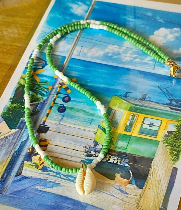 Handmade natural cowrie seashell seed beads necklace🐚☀️🍉 - Image 2