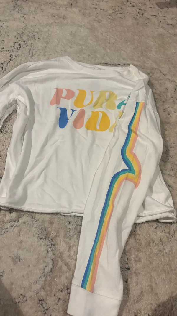 Pura Vida white long sleeve shirt with rainbow-colored 'PURA VIDA' text - Image 2