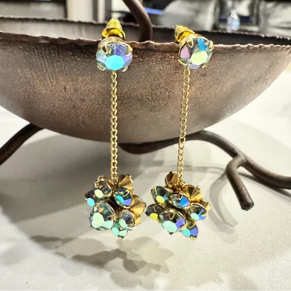 Gold Tone AB Crystal Drop Earrings | Vintage Style Chain Dangle Floral Cluster - Image 6