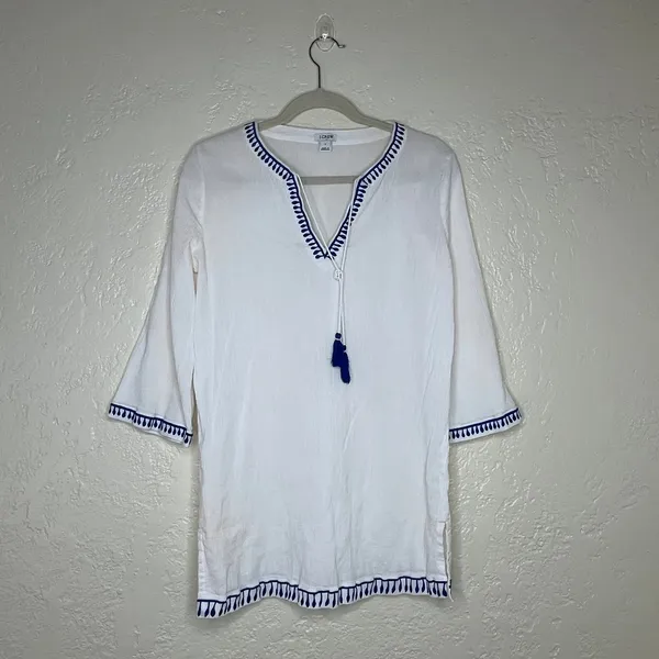 J.Crew Factory Gauze Embroidered Tunic Cover Up Tassel Beach Women Small‎ - Image 2