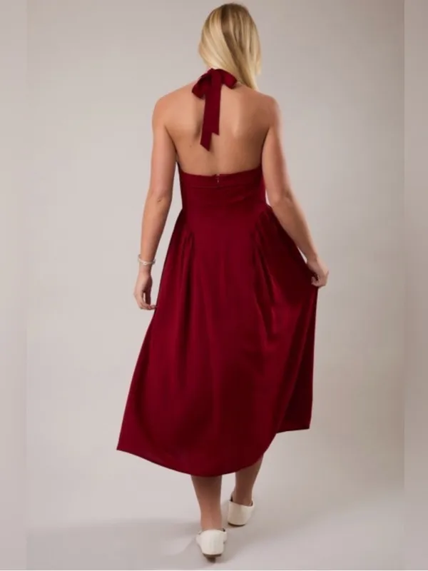 NEW Le Lis Burgundy Halter Midi Dress with Lace Trim – Medium - Image 5