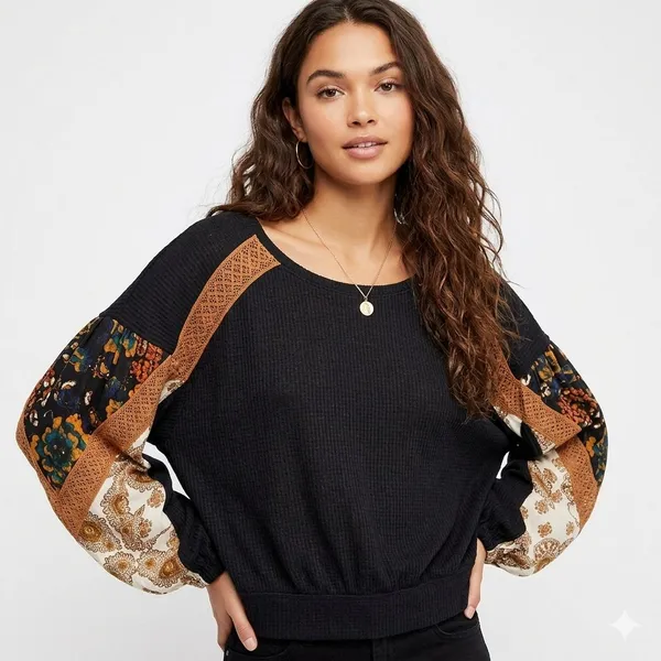 Free People Black Waffle Knit Mixed Print Balloon Sleeve Pullover Top (M/L) - Image 11