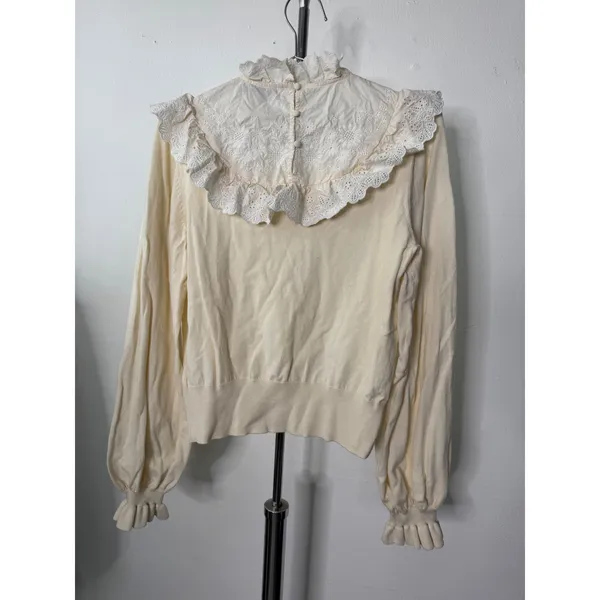& Other Stories Sweater Cream Eyelet Lace Ruffle Bib Balloon Sleeve Paris Top - Image 4