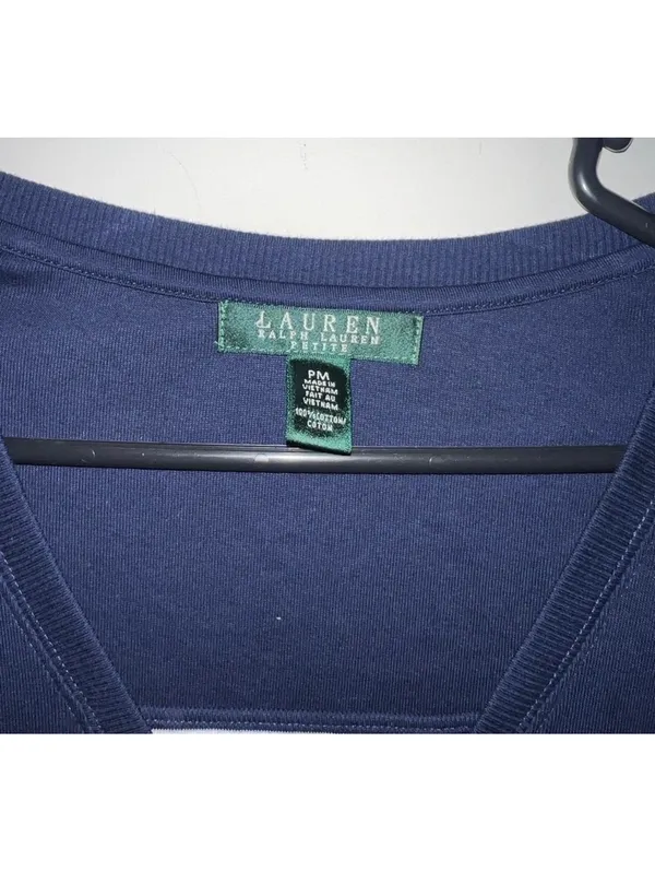 Lauren Ralph Lauren Navy Blue Cotton V-Neck Top with Striped Trim, Size PM - Image 2