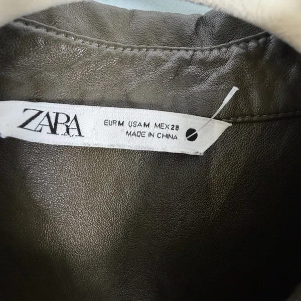 Zara Size-M Womens Mini Dress Green Faux Leather‎ Long Sleeve Belted - Image 3