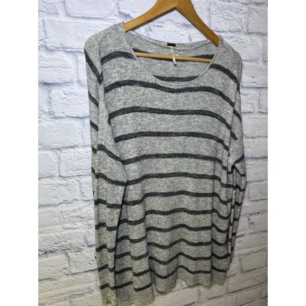 Free People Striped Knit Pullover Sweater Sz XS Gray Loose Boho Oversized - Image 8