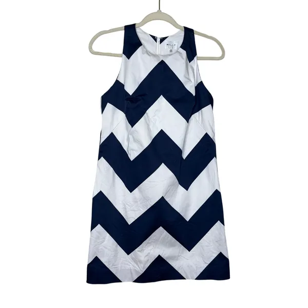Milly Navy White Chevron Shift Mini Dress Size 6 Cotton Stretch - Image 2