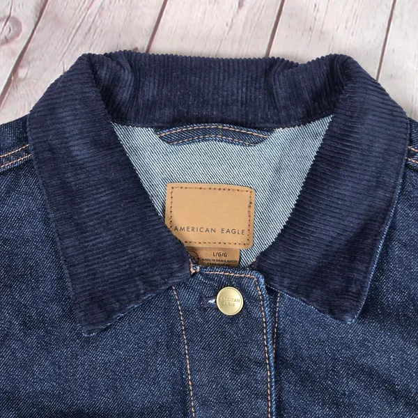 American Eagle‎ Womens Denim Jacket Dark Wash Corduroy Collar Cropped Size L - Image 7