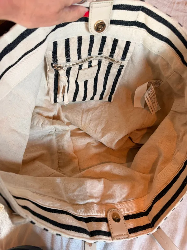 Zara Oversized Striped Canvas Tassel Tote Bag Cream Black Coastal Beach - Image 3