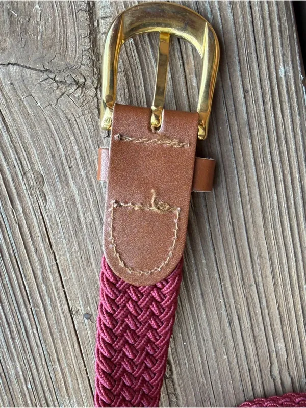 Burgundy Wine Braided Stretch Belt Gold Buckle Tan Leather Trim 45” - Image 2