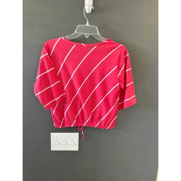 Ivory Pink White‎ Diagonal Stripe Crop Top Drawstring Hem Large Elbow Sleeve - Image 5