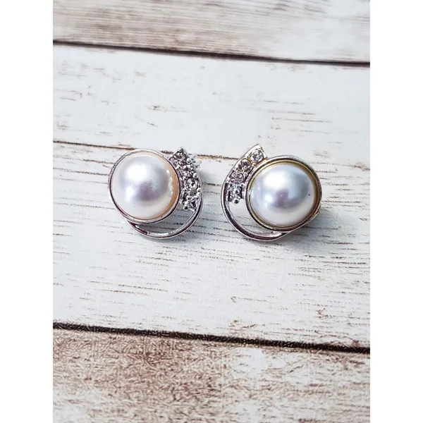 Vintage TJG Clip On Earrings - 5/8" Faux Pearl with Clear Gems Swirl - Image 2