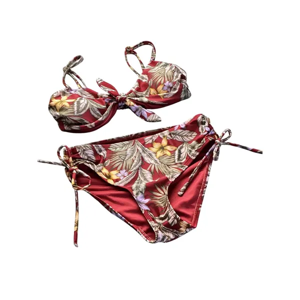 Aeropostale‎ Womens Burgundy Tropical Floral Tie Front Bikini Set XS 8169 - Image 2