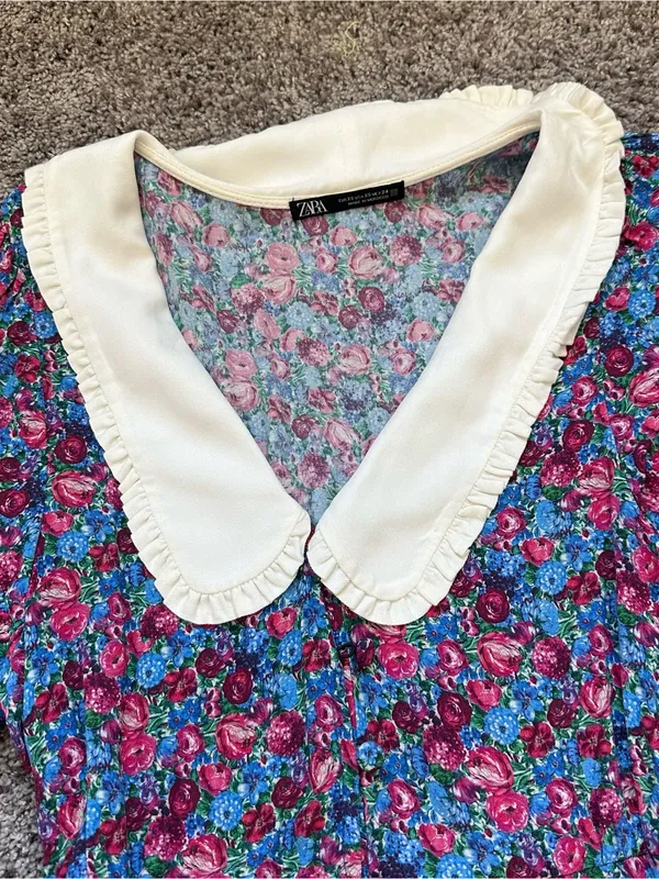 Zara Floral Mini Dress with White Peter Pan Collar - Blue & Pink - Image 4