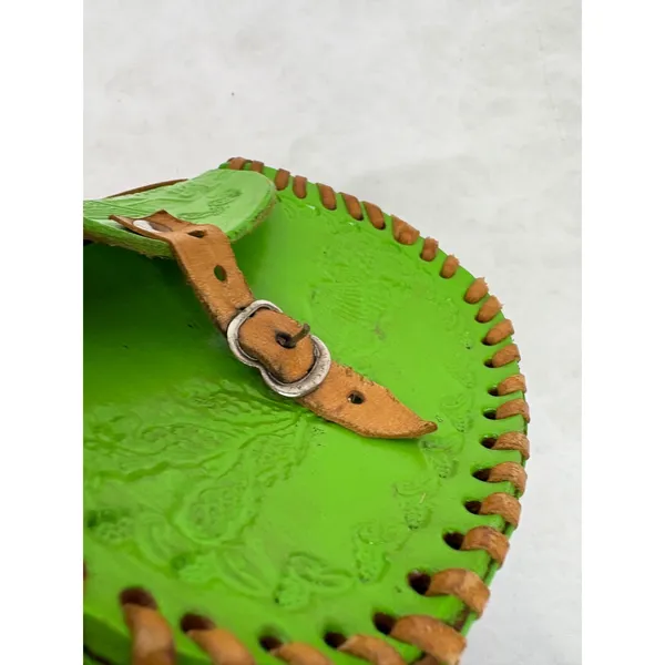 Vintage Mexican Tooled Leather Crossbody Bag Lime Green Whipstitch Boho Mini - Image 7