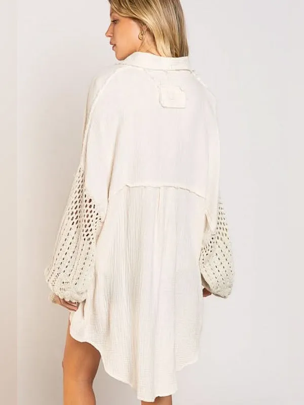 POL Openwork Crochet Lantern Sleeve Cotton Gauze Oversized Button Shirt Jacket - Image 4