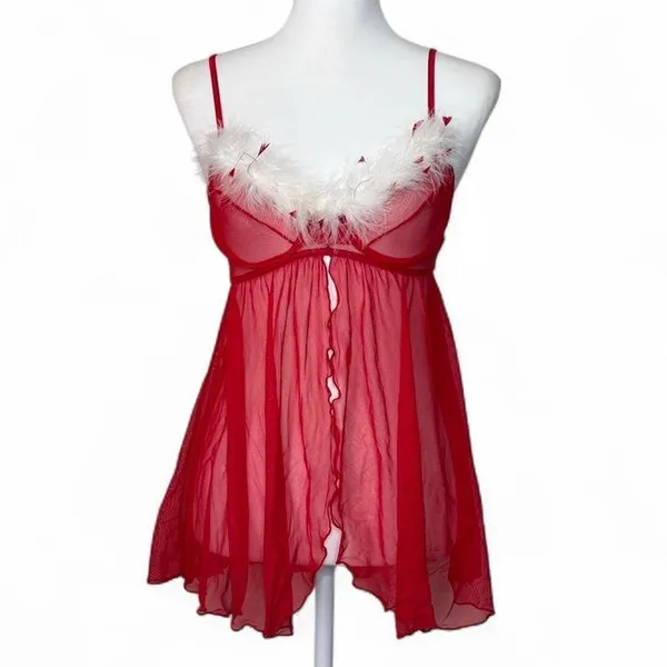 Sexy Mesh Marabou Lingerie Babydoll - Image 3