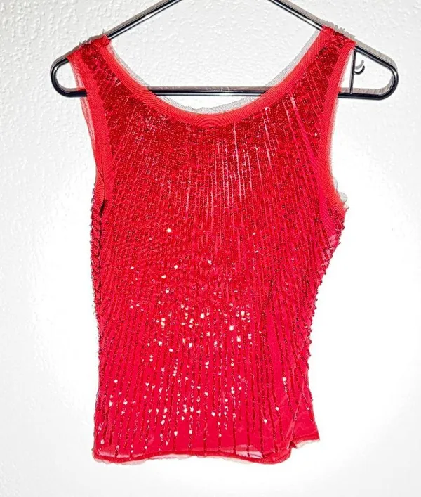 Chaudry KC Red Sequin Sleeveless Top | Beaded Party Blouse | Size Small - Image 2