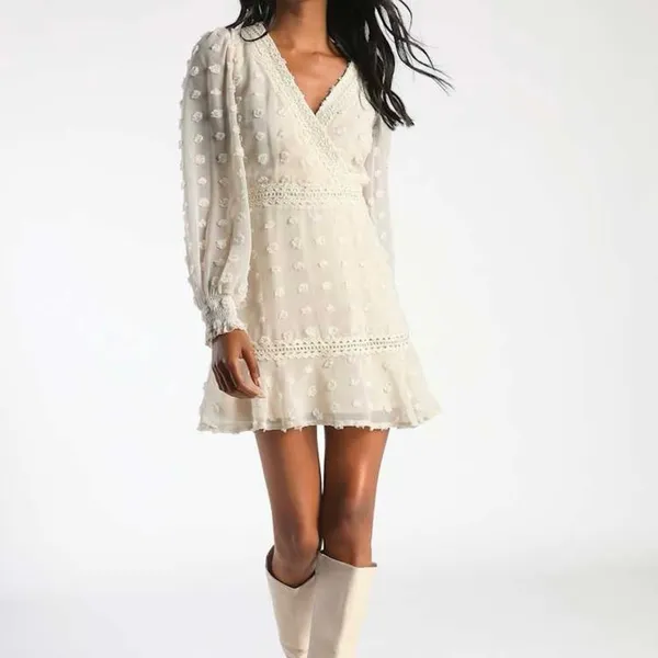 Lulus Might Be Magic Ivory Clip Dot Lace Long Sleeve Ruffle Mini Dress Small NWT - Image 2