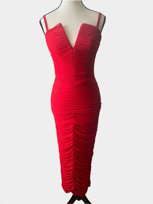 Dress the Population Ferra Rouge Red Ruched Midi Dress XS Strapless - Image 3