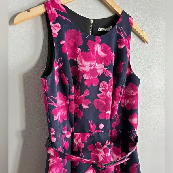 Eliza J Floral Fit & Flare Dress Navy Pink Belted Sleeveless Size 4 - Image 4