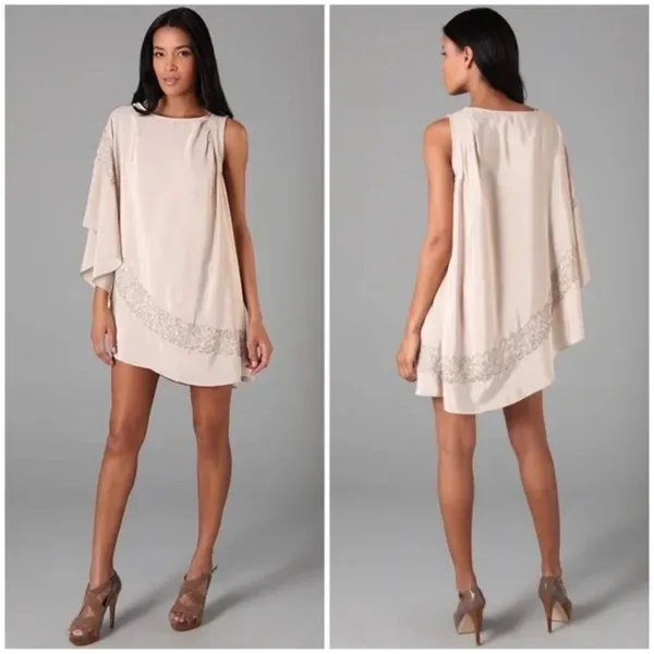 Free People Brighten Your Day Mini Dress Beige Sheer Batwing‎ Sleeve M Beaded - Image 14