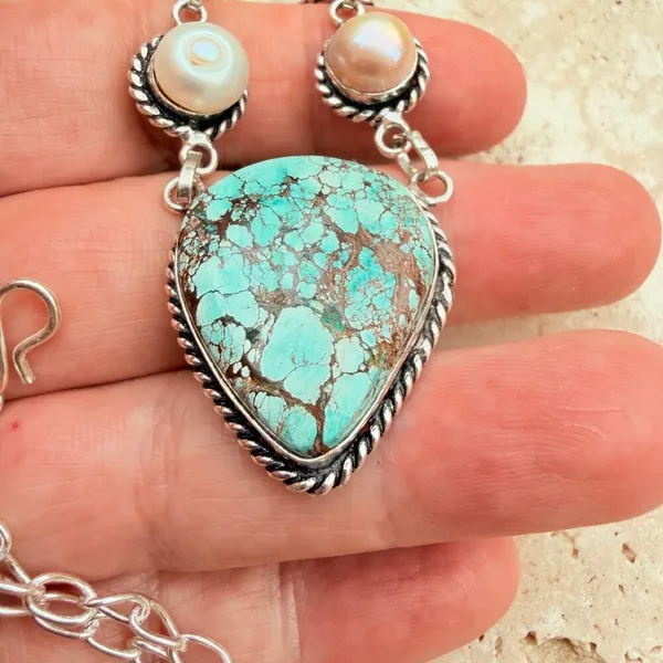 Large Turquoise Pearl Statement Necklace Sterling Silver Overlay - Image 4