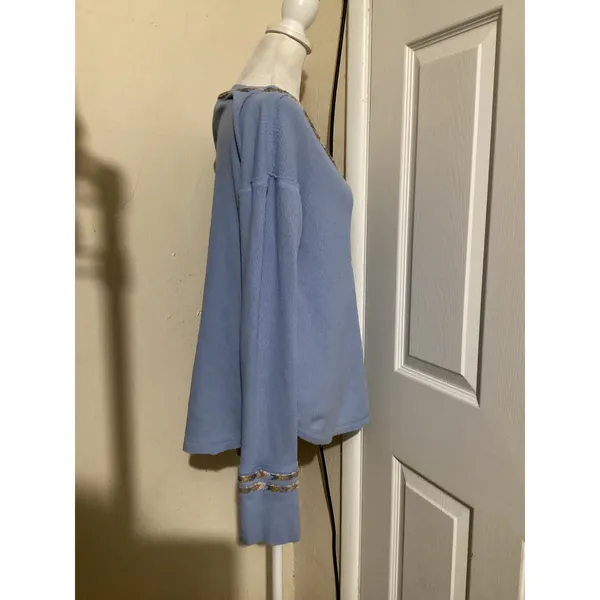 We The Free Free People Blue Waffle Knit Thermal Henley Embroidered Trim Top L - Image 3