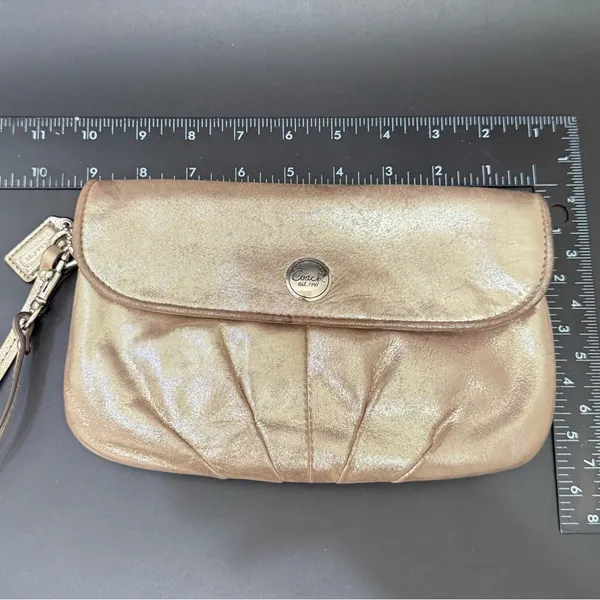 COACH Champagne Gold Shimmer Metallic Pleated Leather Wristlet Wallet - Image 8
