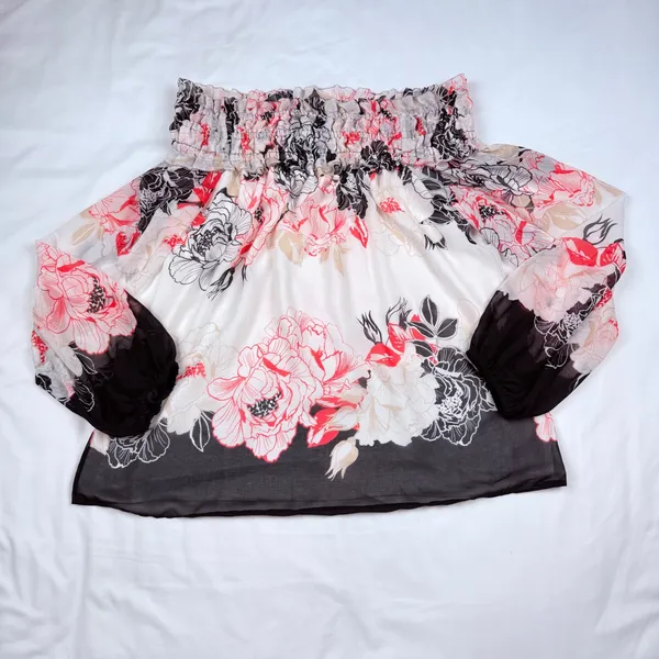 White House Black Market Floral Smocked Off Shoulder Blouse Pink Black Large - Image 2