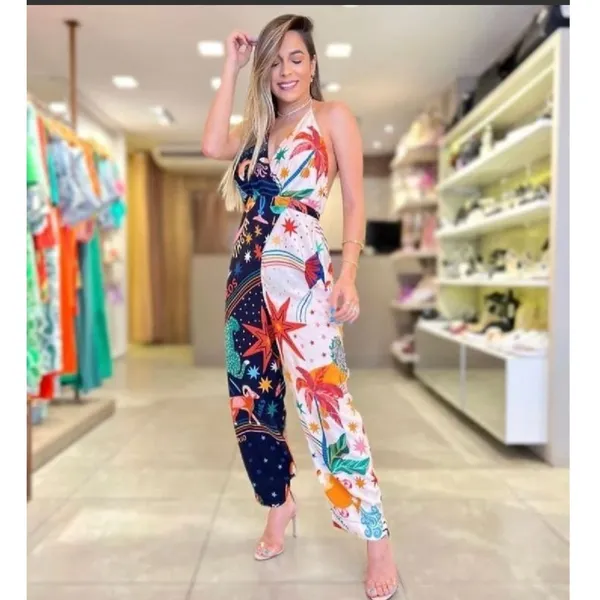 Farm Rio NWT Macacao Patch Zodiac Halter Jumpsuit Multi Color Astrological GG XL - Image 4