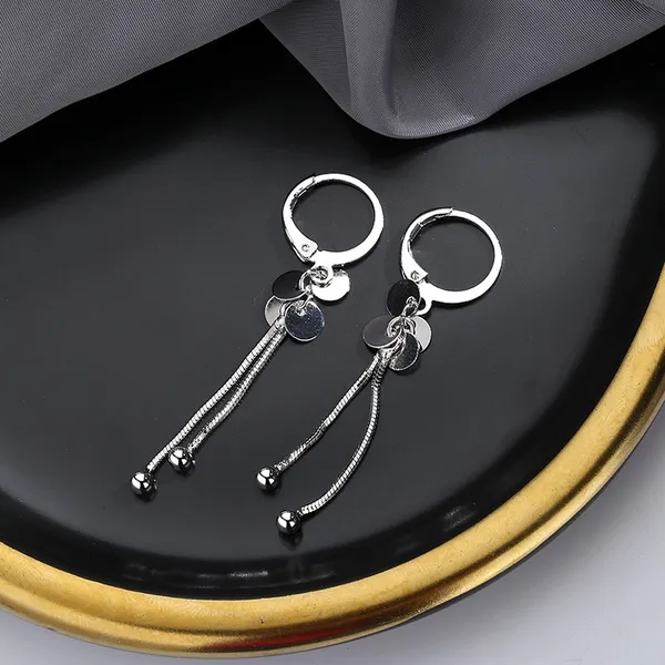 925 Silver Plated Round Disc Tassel Dangle Drop Hoop Earrings for Women - Image 2