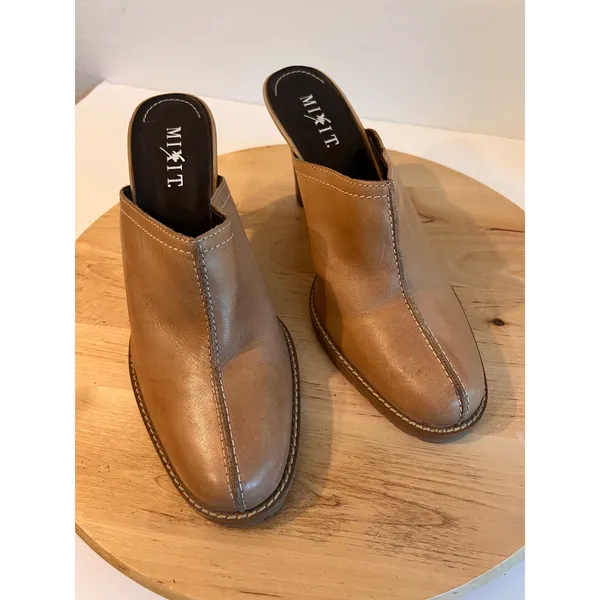 Y2K Vintage Tan Genuine Leather Western Heeled Clog Mule Size 8 Made in Brazil - Image 10