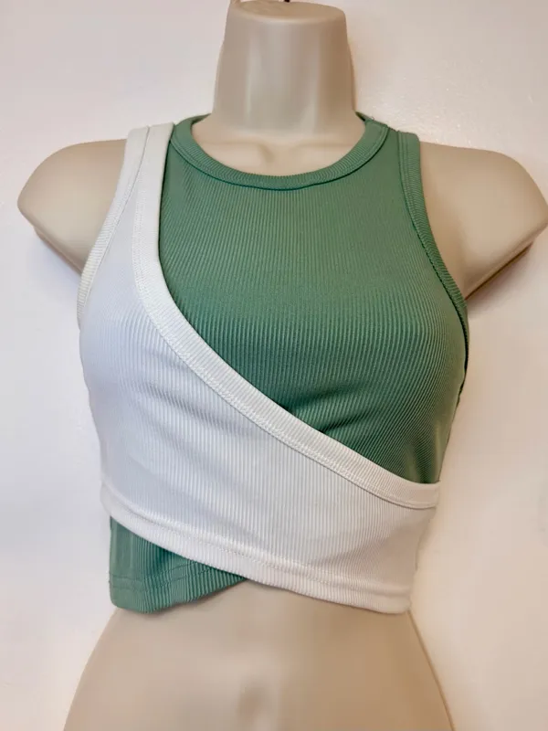 Fresral Ribbed Colorblock Wrap Crop Tank Top Sage Green White Size Small S - Image 2