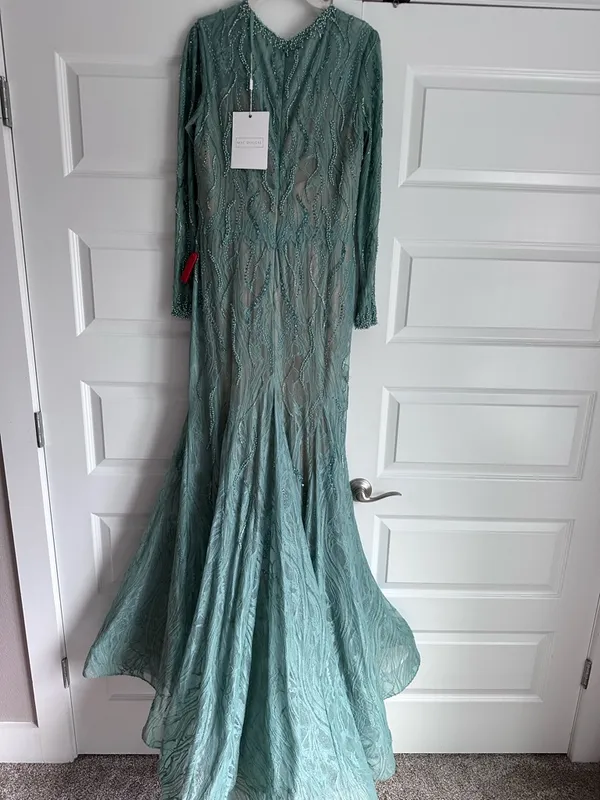 Mac Duggal 79291 Beaded Illusion Long Sleeve Plunge Neck Gown NWT 10‎ Sage - Image 9