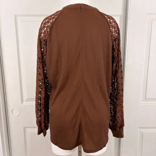 Miholl brown lace long sleeve waffle-knit top - Image 7