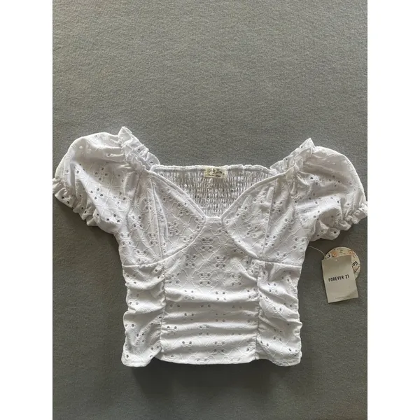 Jolie & Joy‎ Eyelet Crop Top Small White Ruched Puff Sleeve Smocked Sweetheart - Image 9