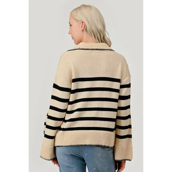 Unbranded Women’s Collared Polo Sweater Cream & Navy Stripe 2XL Nautical Boho - Image 2