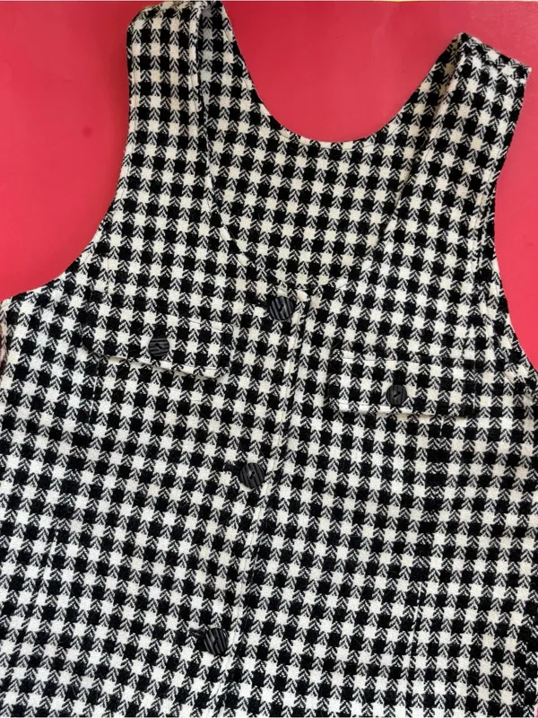 Sleeveless Black and Cream Houndstooth Button-Front Pinafore Dress - Image 8