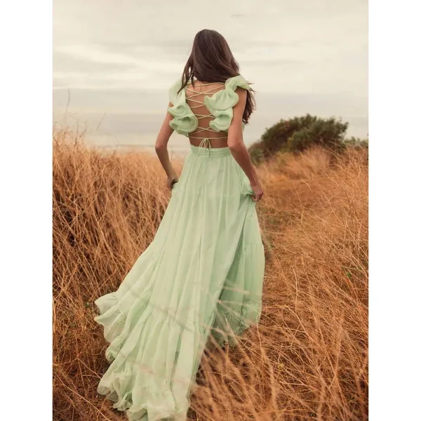 Mac Duggal Ruffle Tiered Cut-Out Chiffon Gown mint color size 8. H - Image 5