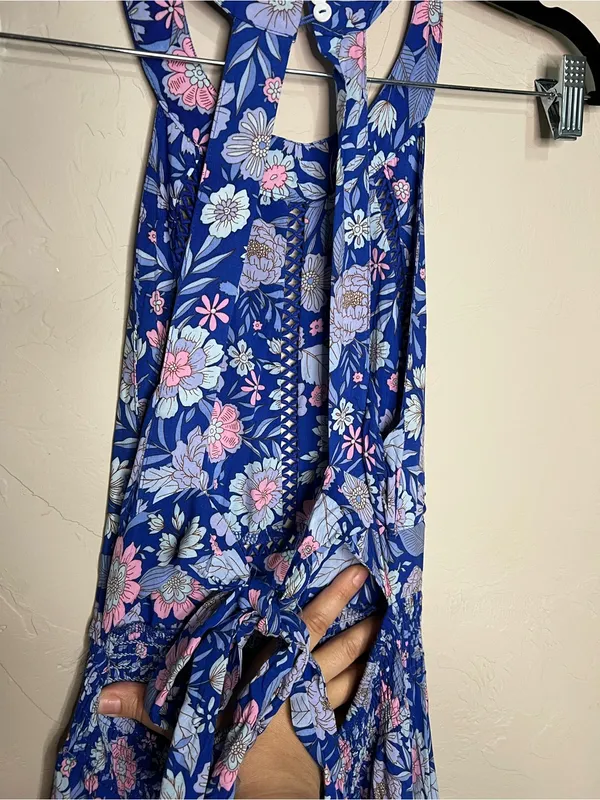 Abel The Label Blue Pink Floral Tie Back Bell Cottage Front Slit Maxi‎ Dress - Image 10