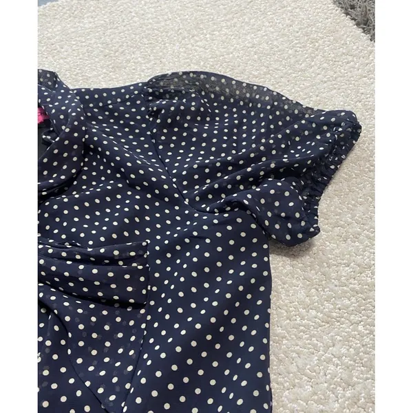 Betsey Johnson Navy Polka Dot Chiffon Puff Sleeve Tie Neck Knee Dress Size 10 - Image 12