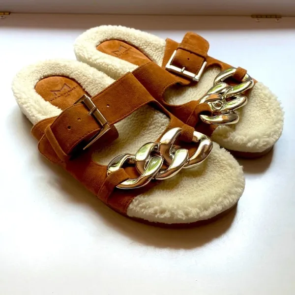 Marc Fisher Shoes Marc Fisher Fresno Natural Tan Shearling Sherpa‎ Slide Sandals - Image 4