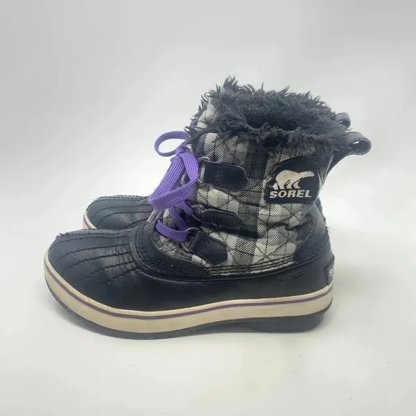 Sorel Tivoli II Leather Plaid Lace-Up Snow Boots‎ Black Gray Purple Size US 5 - Image 8