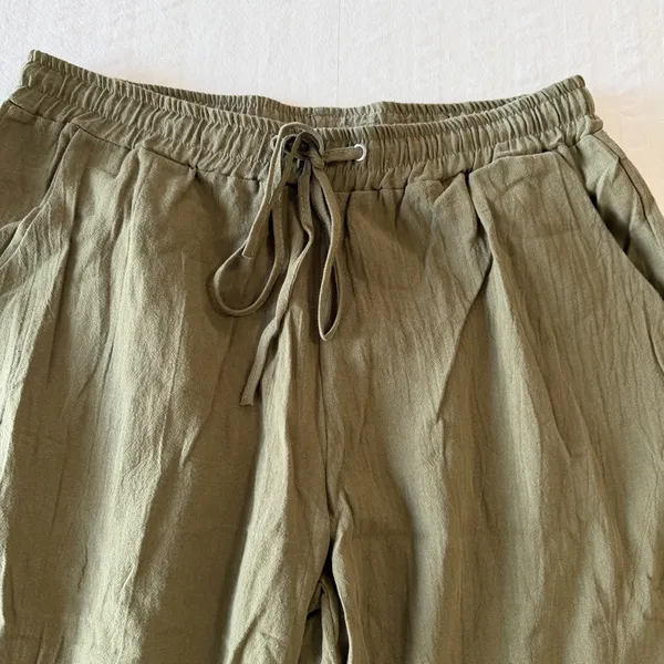 Women's Pull On Elastic Waist Olive Green Linen Cotton Style Pant Size M #260693 - Image 2