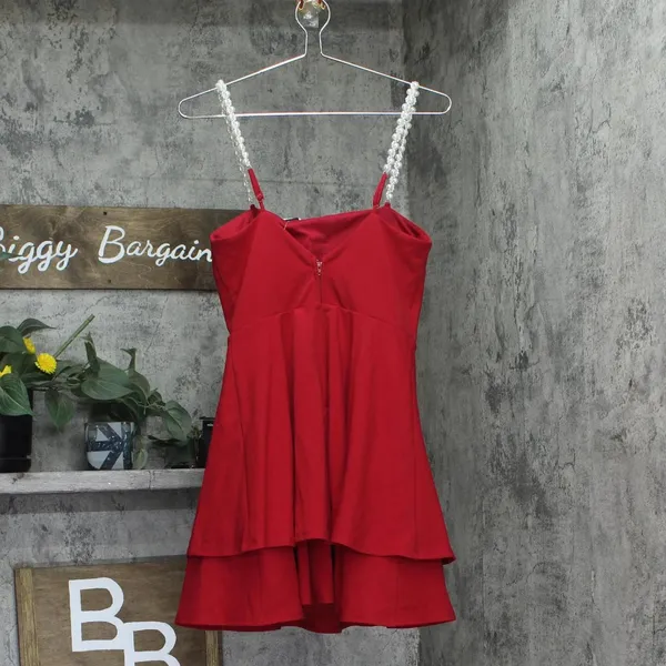NWT City Studios Pearl-Strap Sleeveles Tiered Fit & Flare Dress Garnet Red 7/8 - Image 5