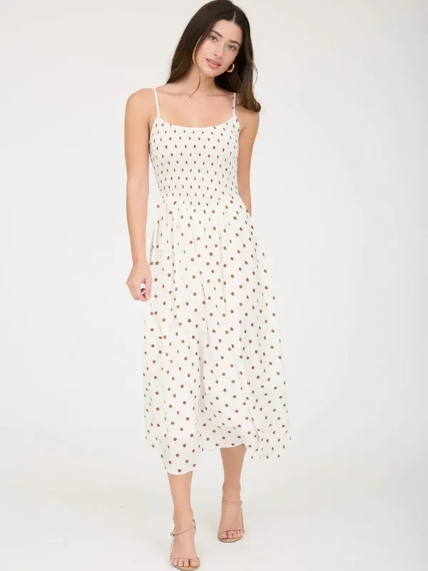 Blu Pepper White Polka Dot Smocked Basque Waist Midi Dress Large - Image 3