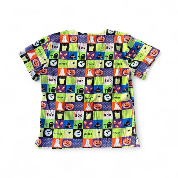 Comfy Cotton Halloween Theme Green Orange Purple Spooky Animated Nurse Scrub Top - Image 2