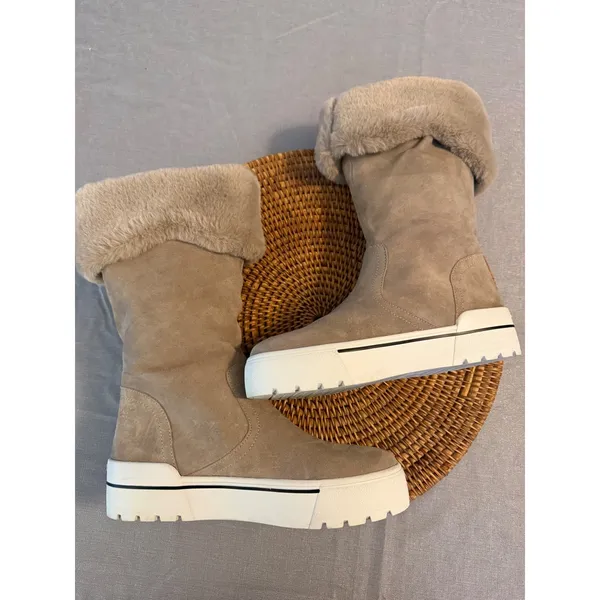 J/Slides NYC Taupe Suede Faux Fur Trim Platform Boots Womens‎ 7 - Image 7